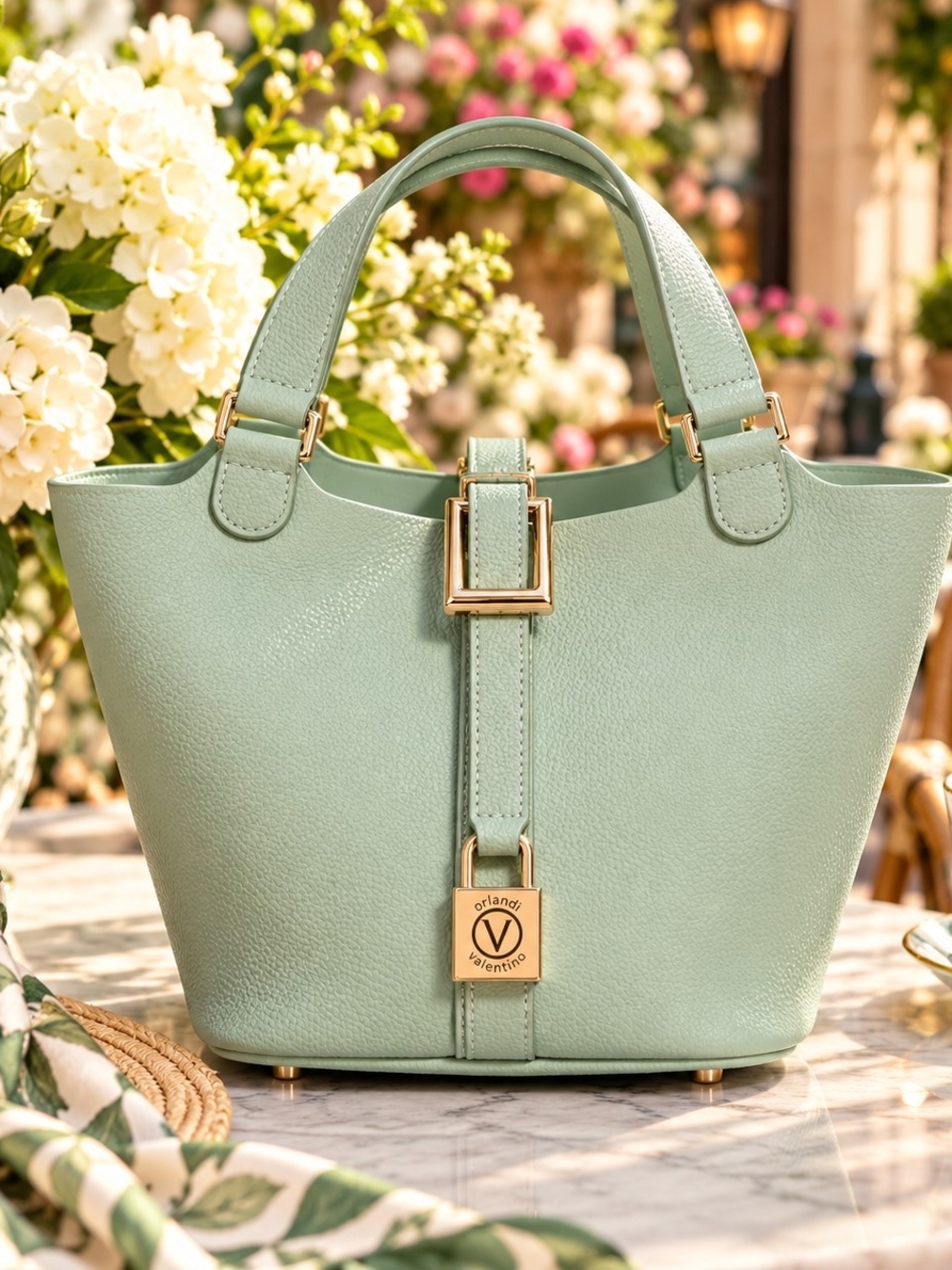 H-133 Valentino Orlandi Mint Green Pebbled Vegan Leather Bucket Tote Bag NWT